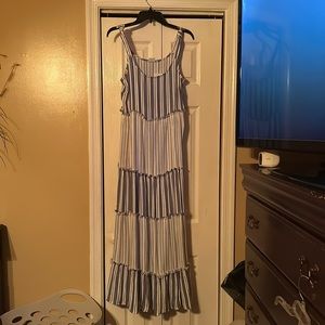 Brand new size small long blue Jean colored and white dress.